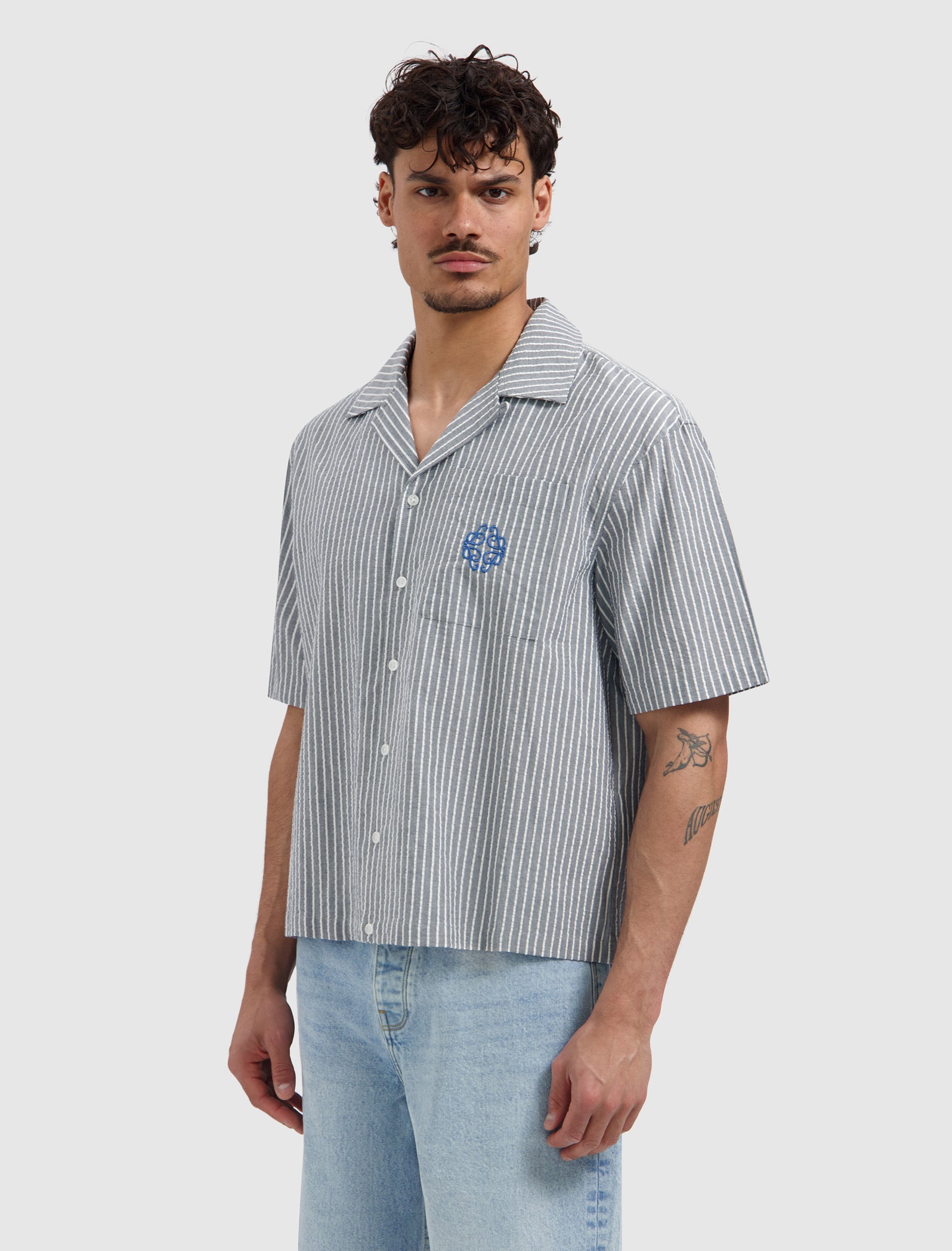 Striped Seersucker Shortsleeve Shirt | Dark Navy