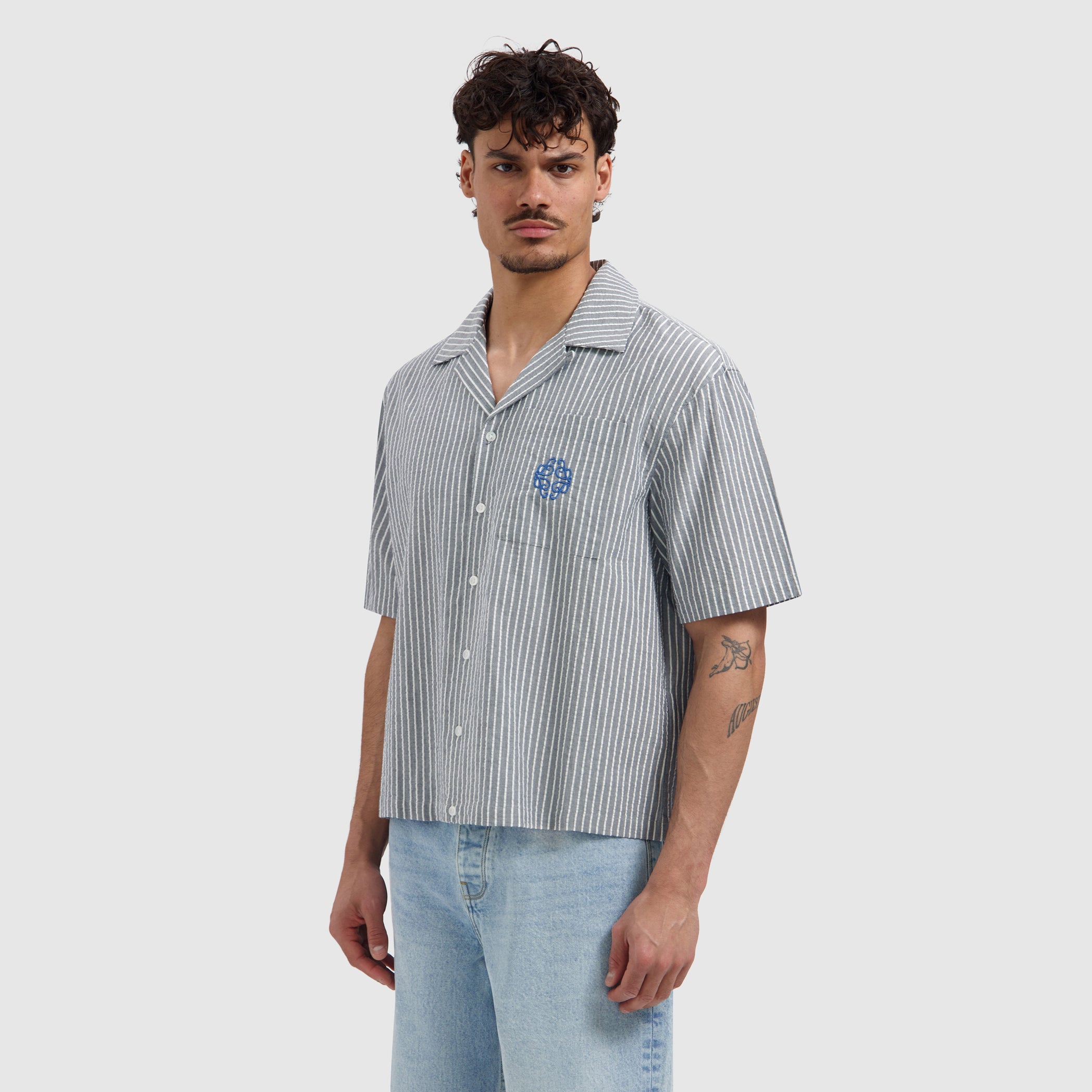 Striped Seersucker Shortsleeve Shirt | Dark Navy