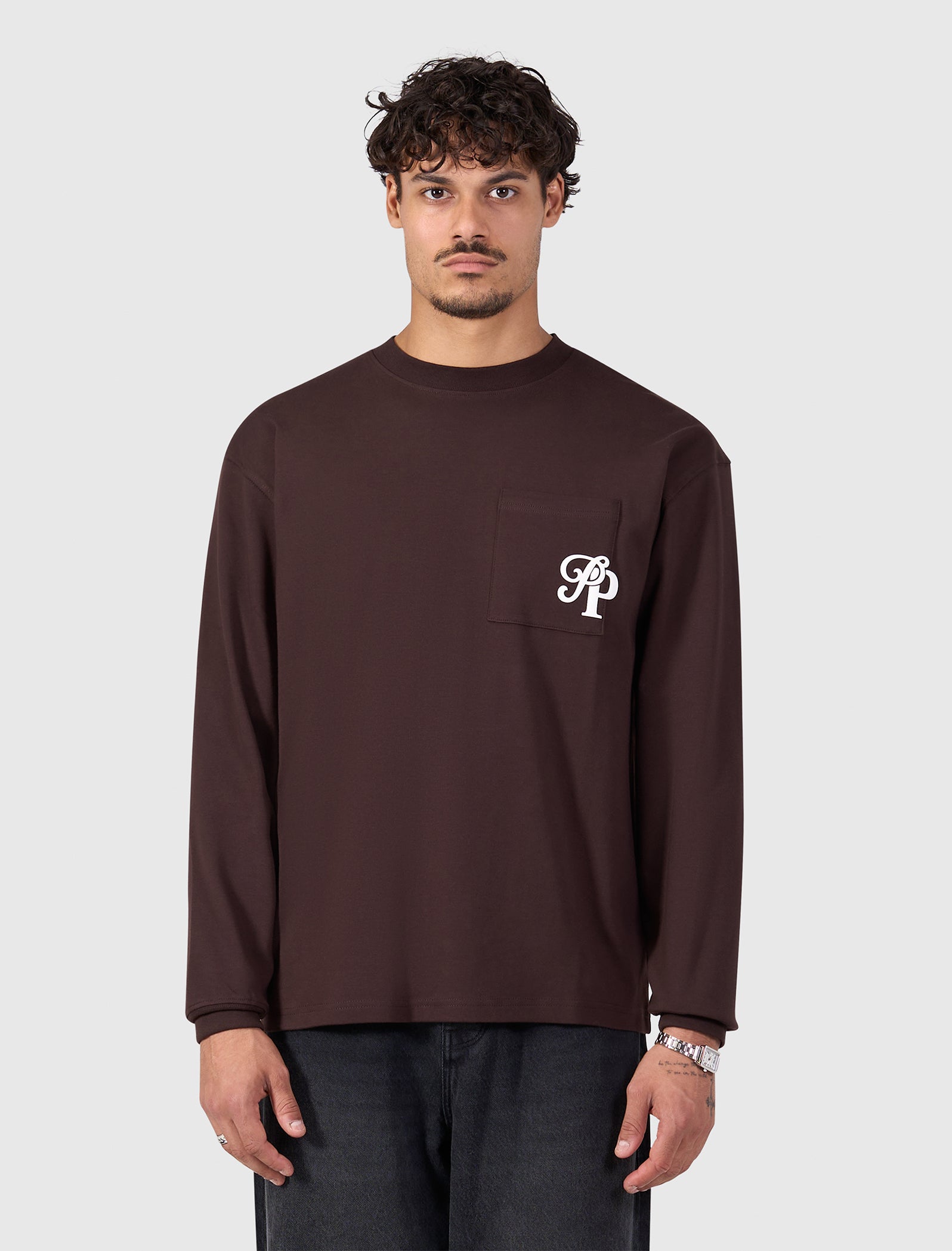 Inititials Pocket Longsleeve T-shirt | Dark Brown