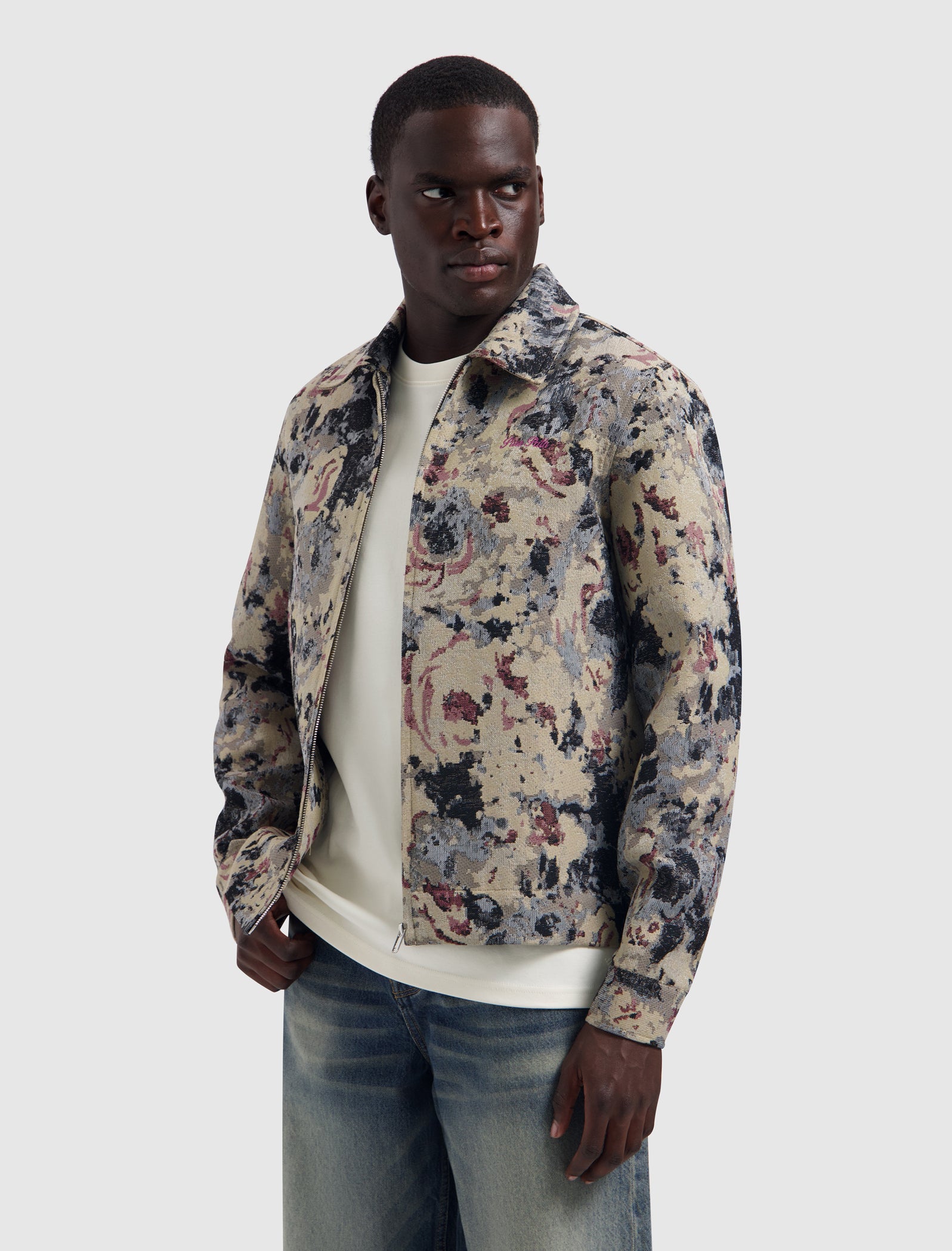 Jacquard Flower Full-zip Overshirt | Taupe