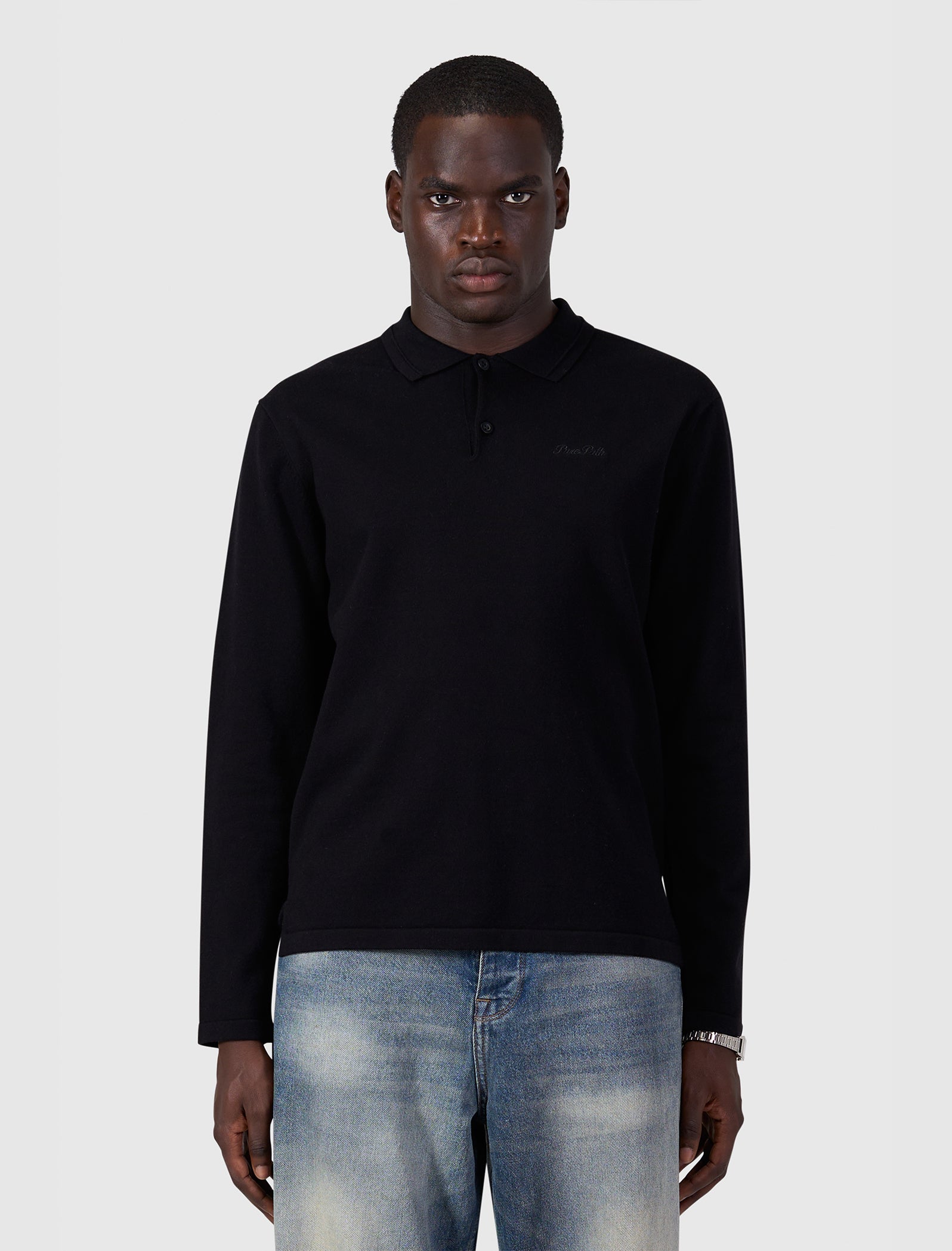 Flat Knit Longsleeve Polo | Black