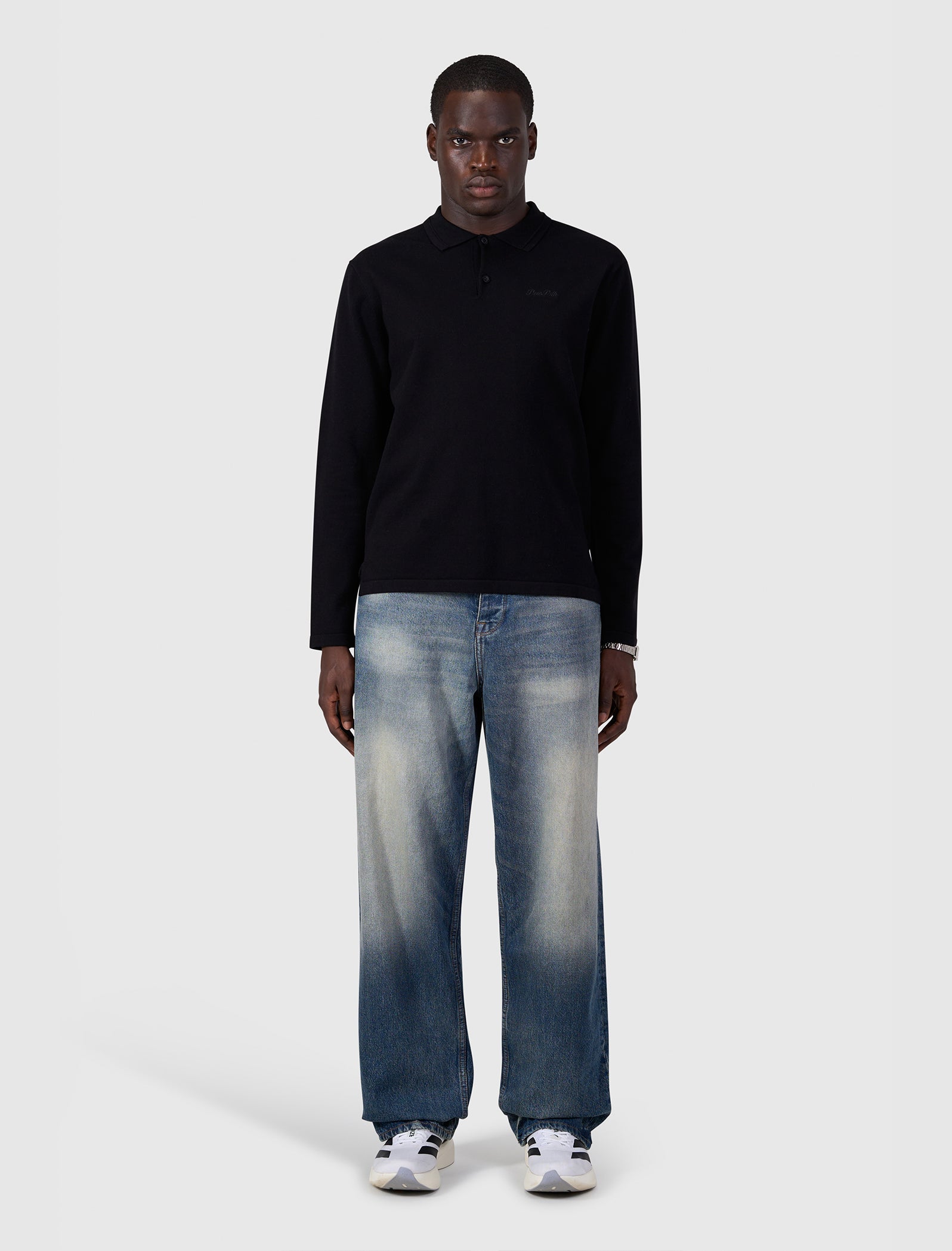 Flat Knit Longsleeve Polo | Black