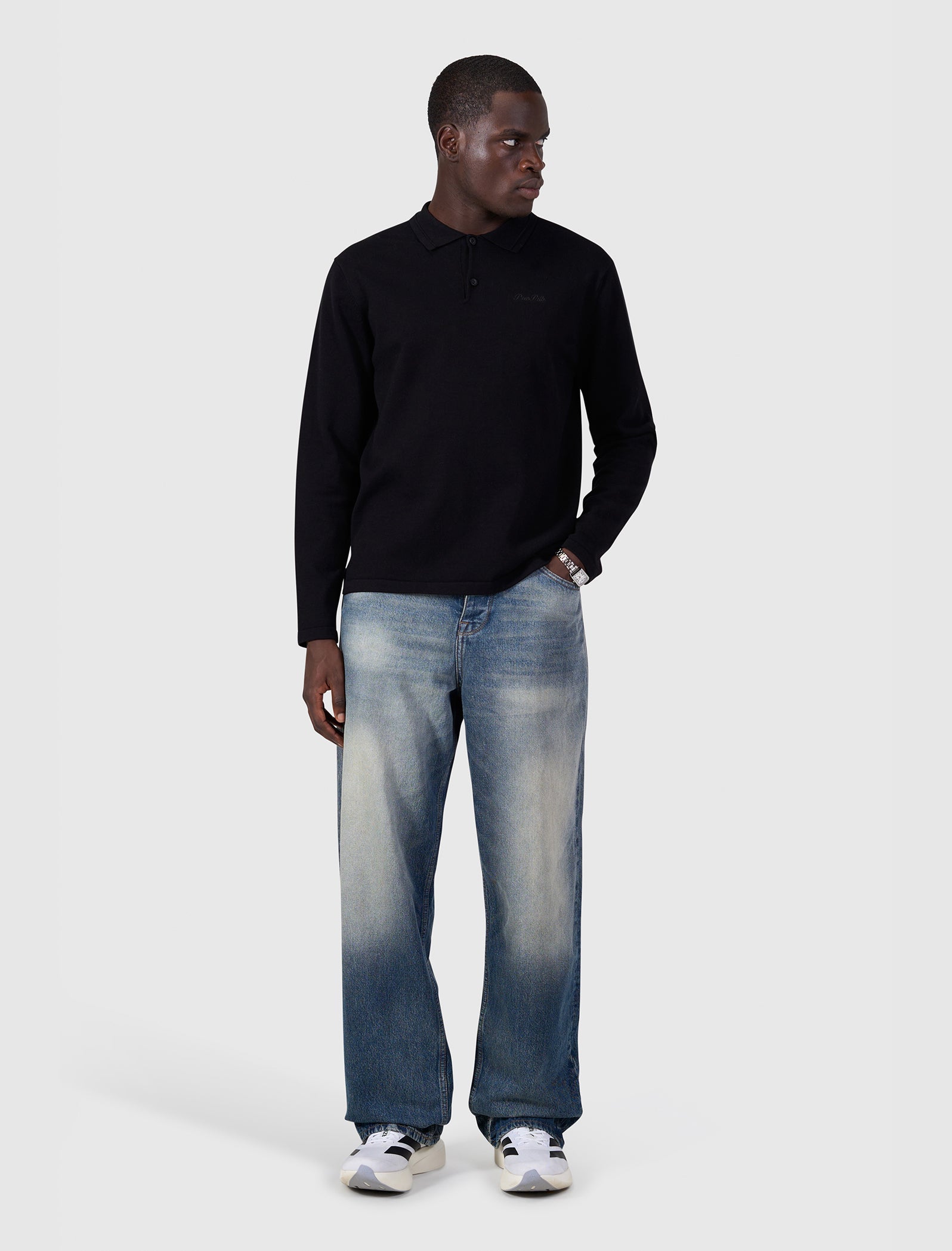 Flat Knit Longsleeve Polo | Black