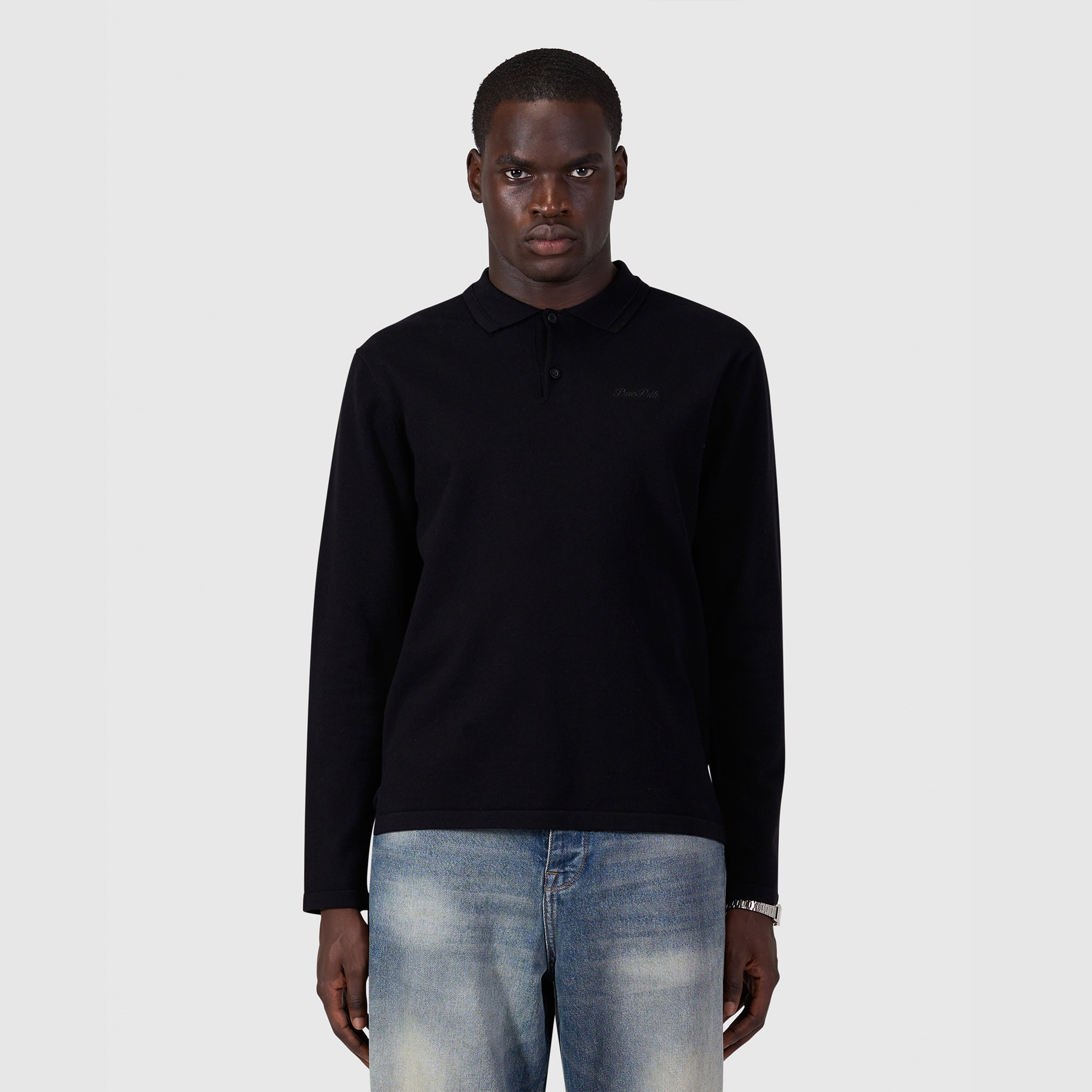 Flat Knit Longsleeve Polo | Black