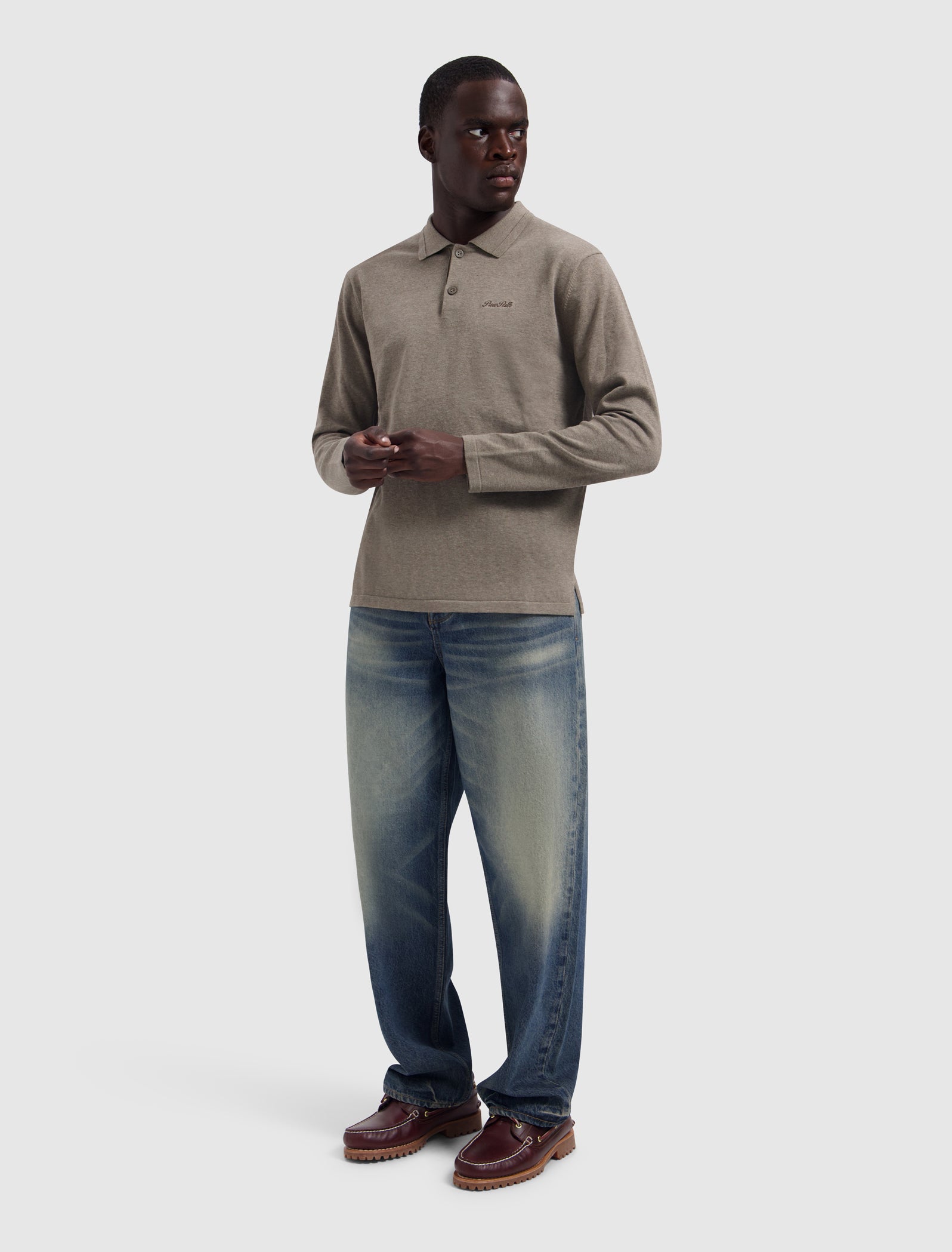 Flat Knit Longsleeve Polo | Taupe Melange