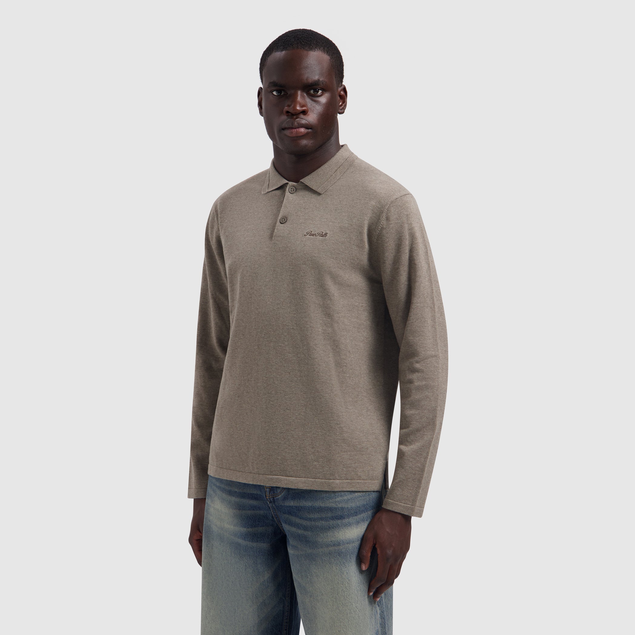 Flat Knit Longsleeve Polo | Taupe Melange