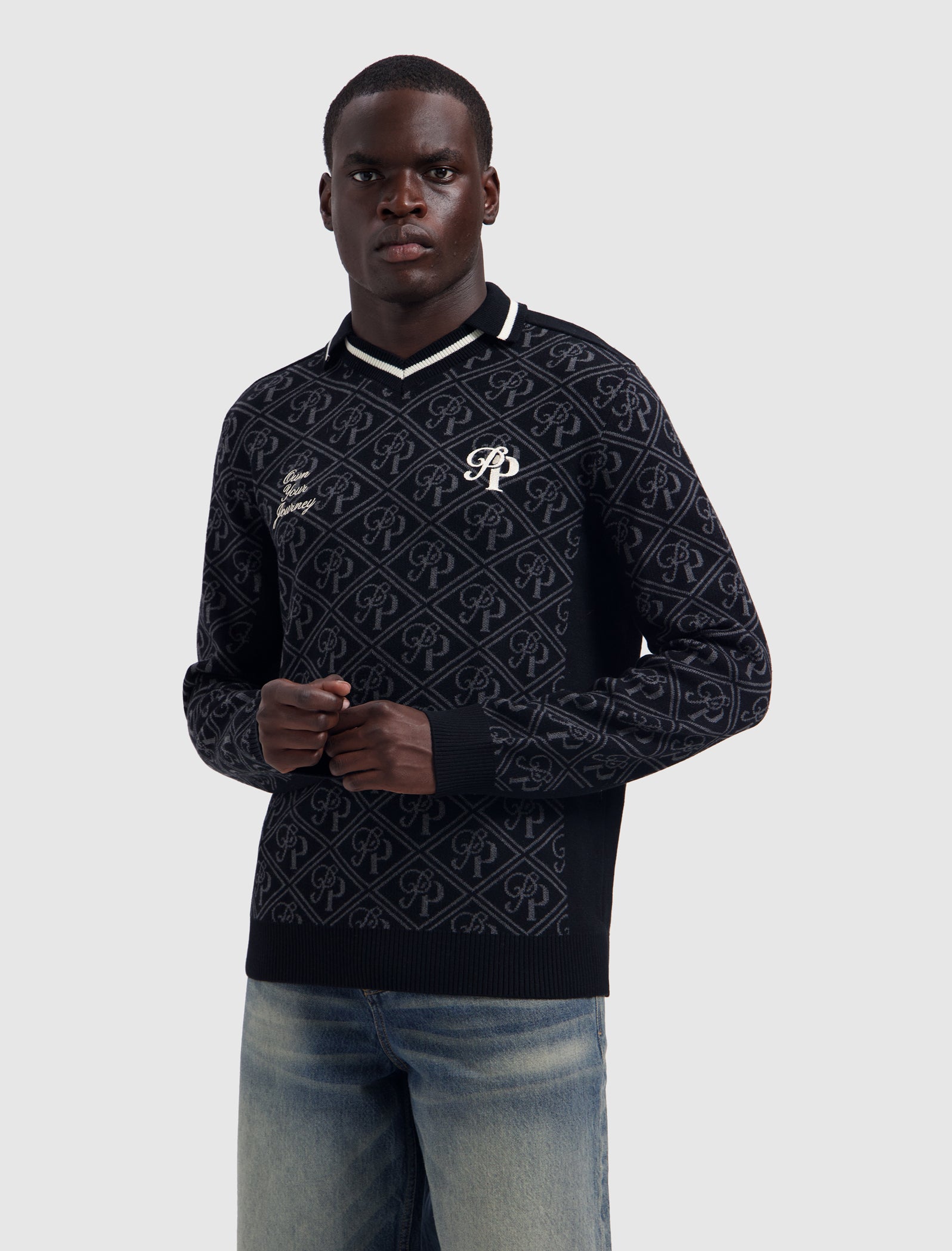 Jacquard Initials Knit Polo | Black