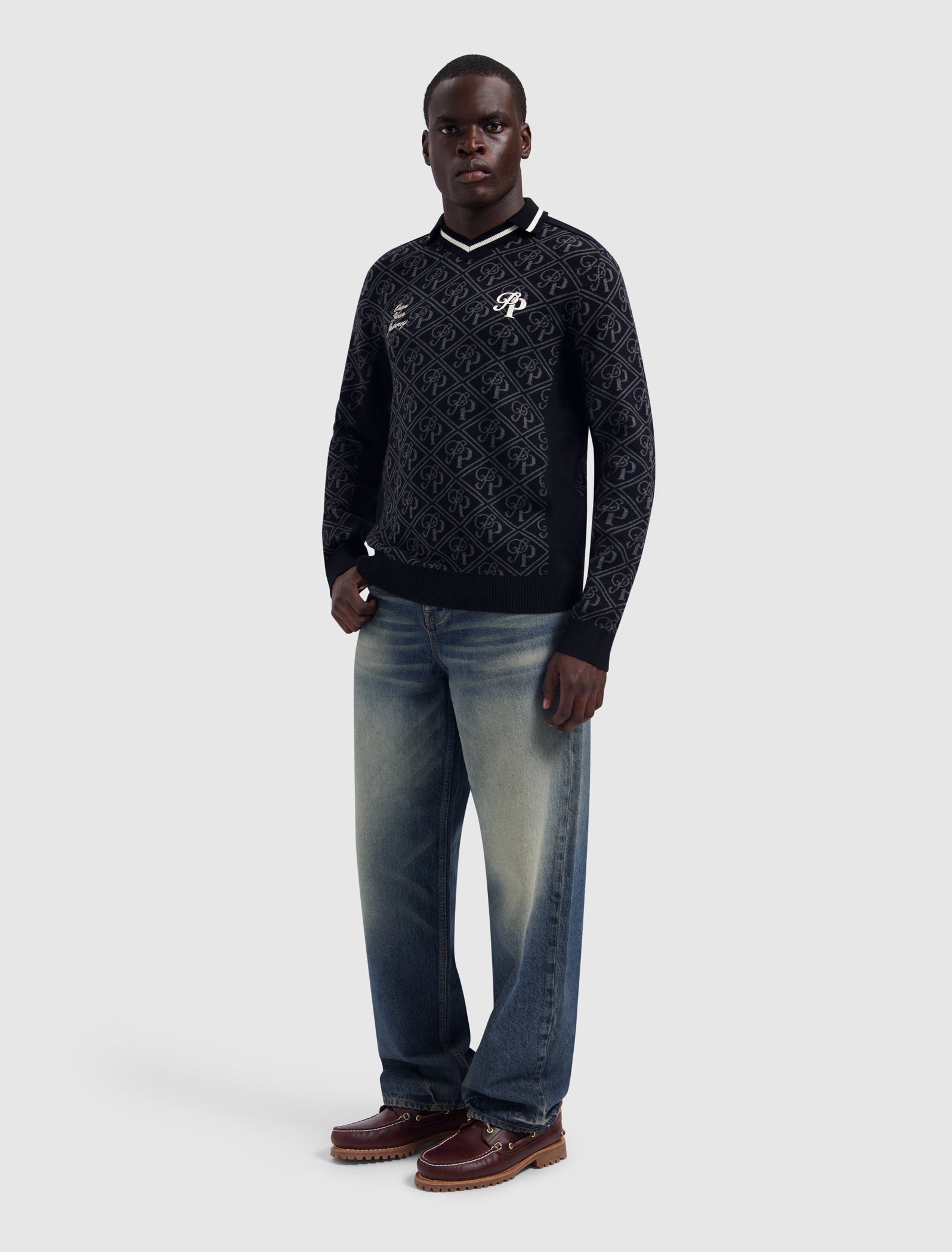Jacquard Initials Knit Polo | Black