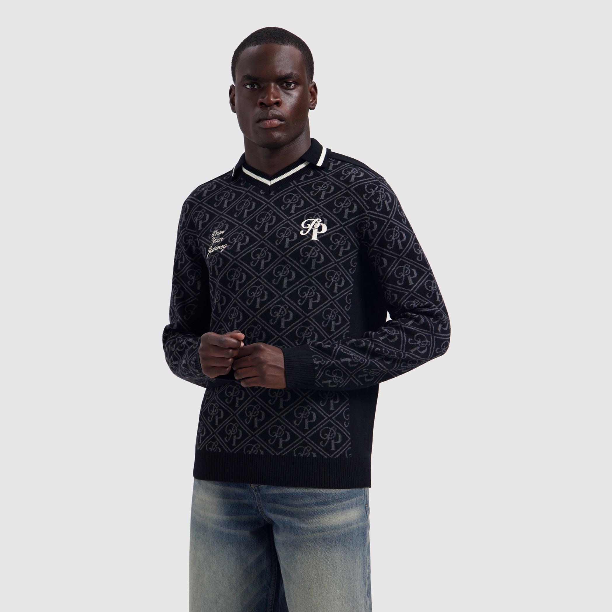 Jacquard Initials Knit Polo | Black