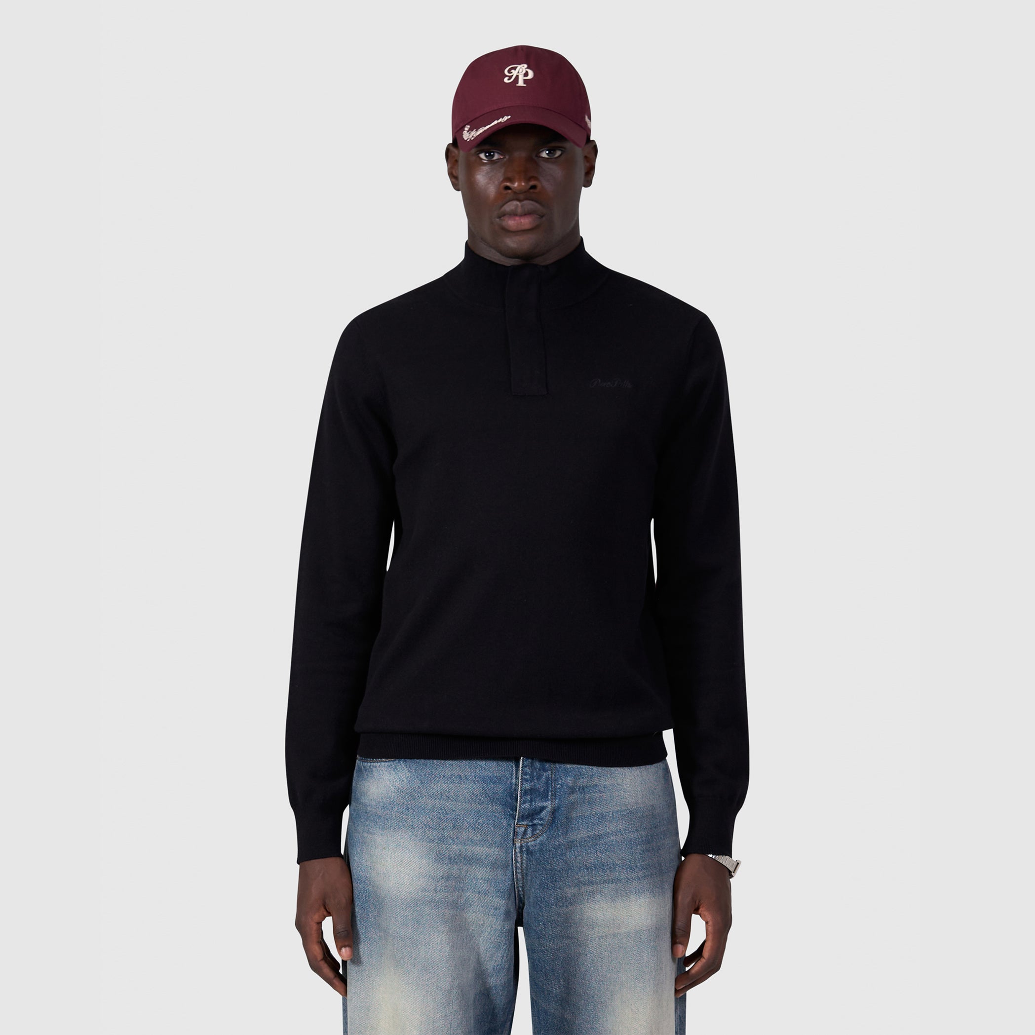 Flat Knit Hidden Half-zip Sweater | Black