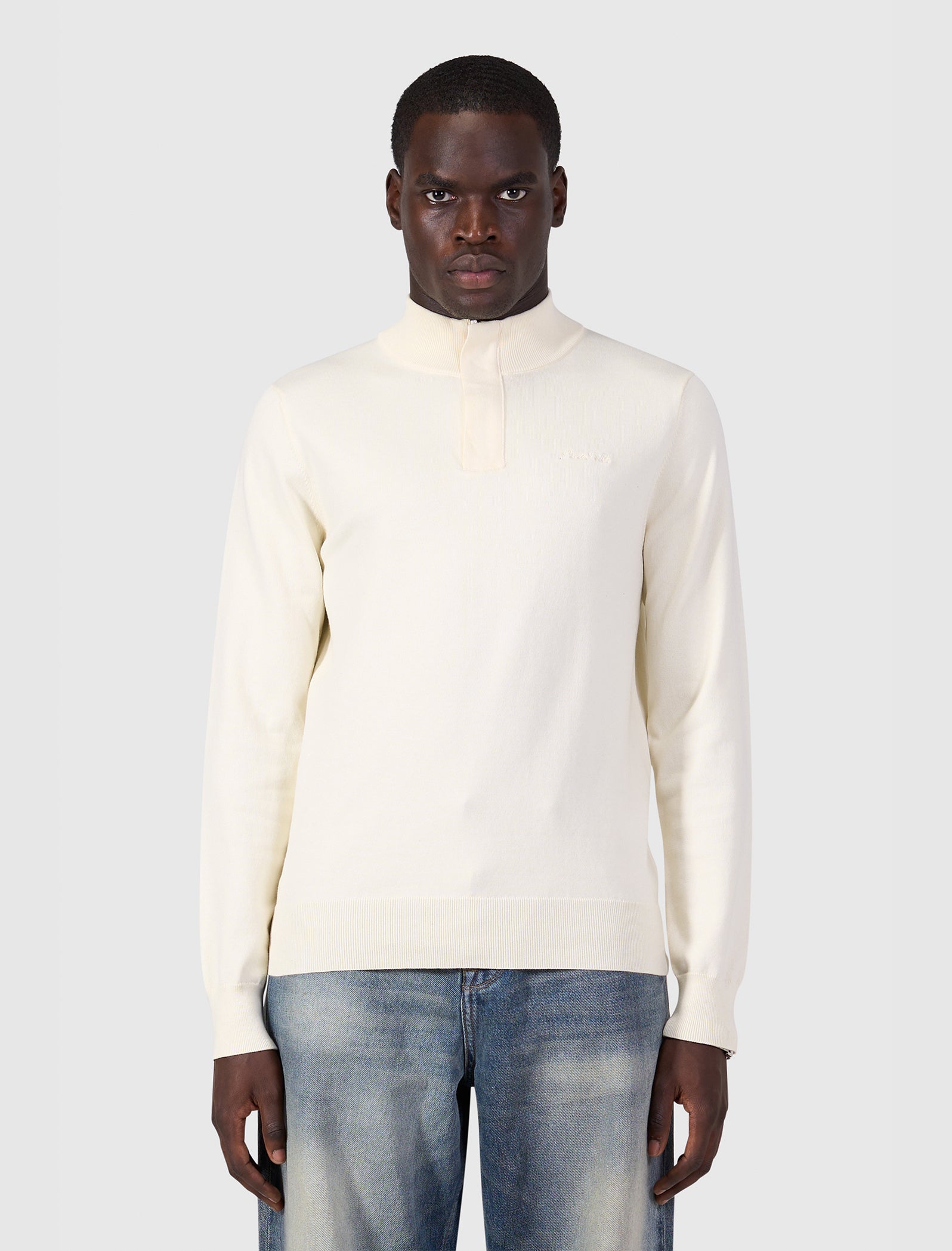 Flat Knit Hidden Half-zip Sweater | Ecru