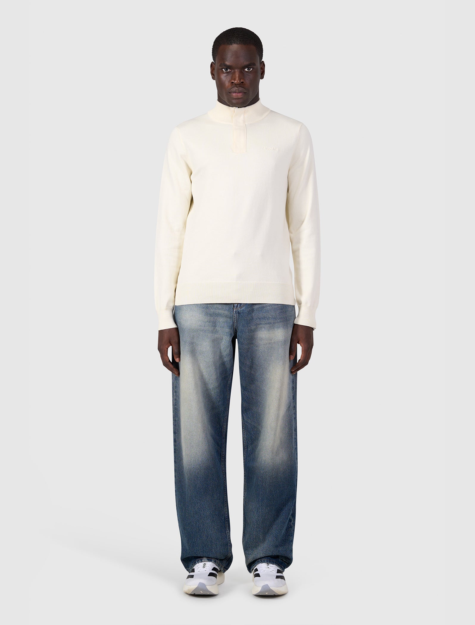 Flat Knit Hidden Half-zip Sweater | Ecru