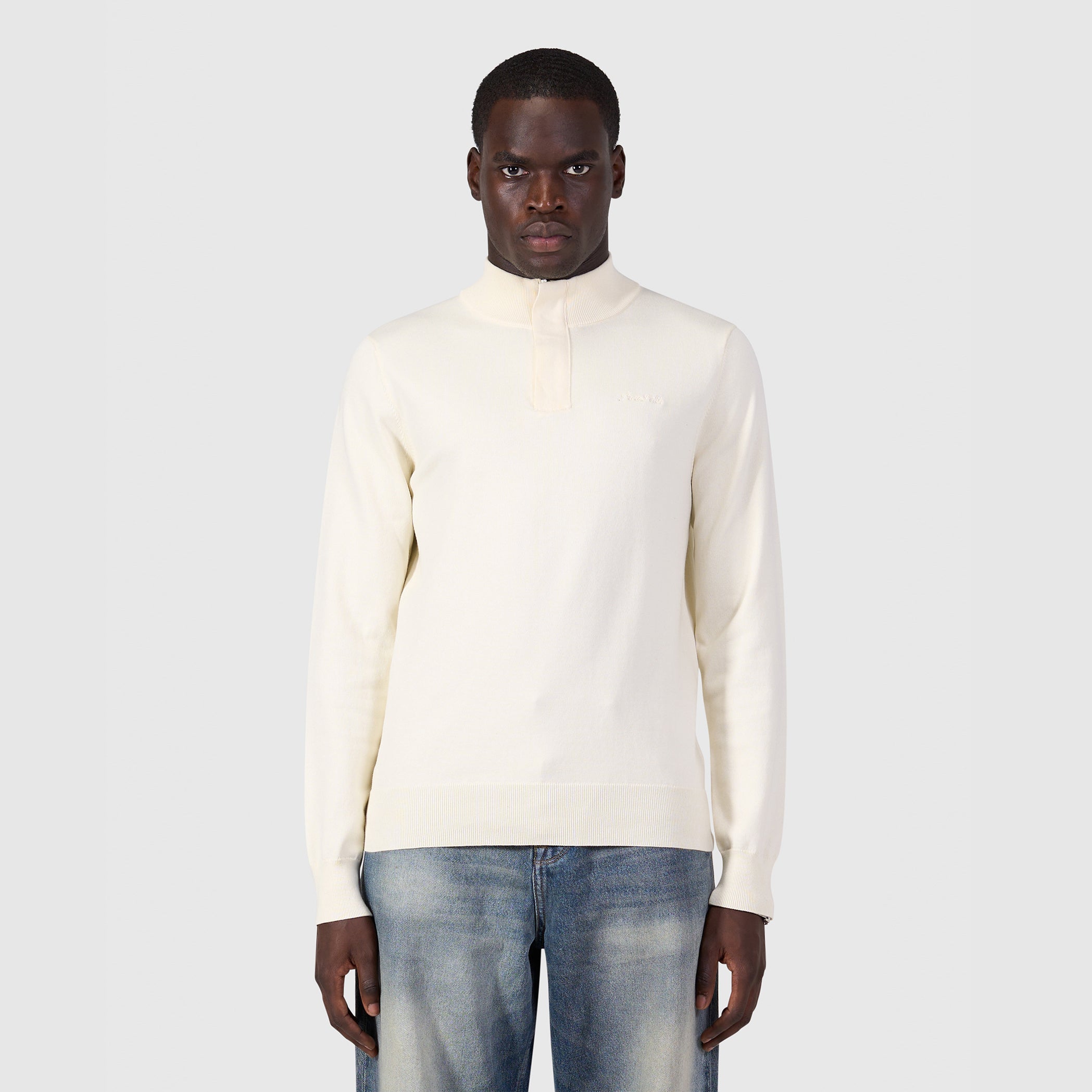 Flat Knit Hidden Half-zip Sweater | Ecru