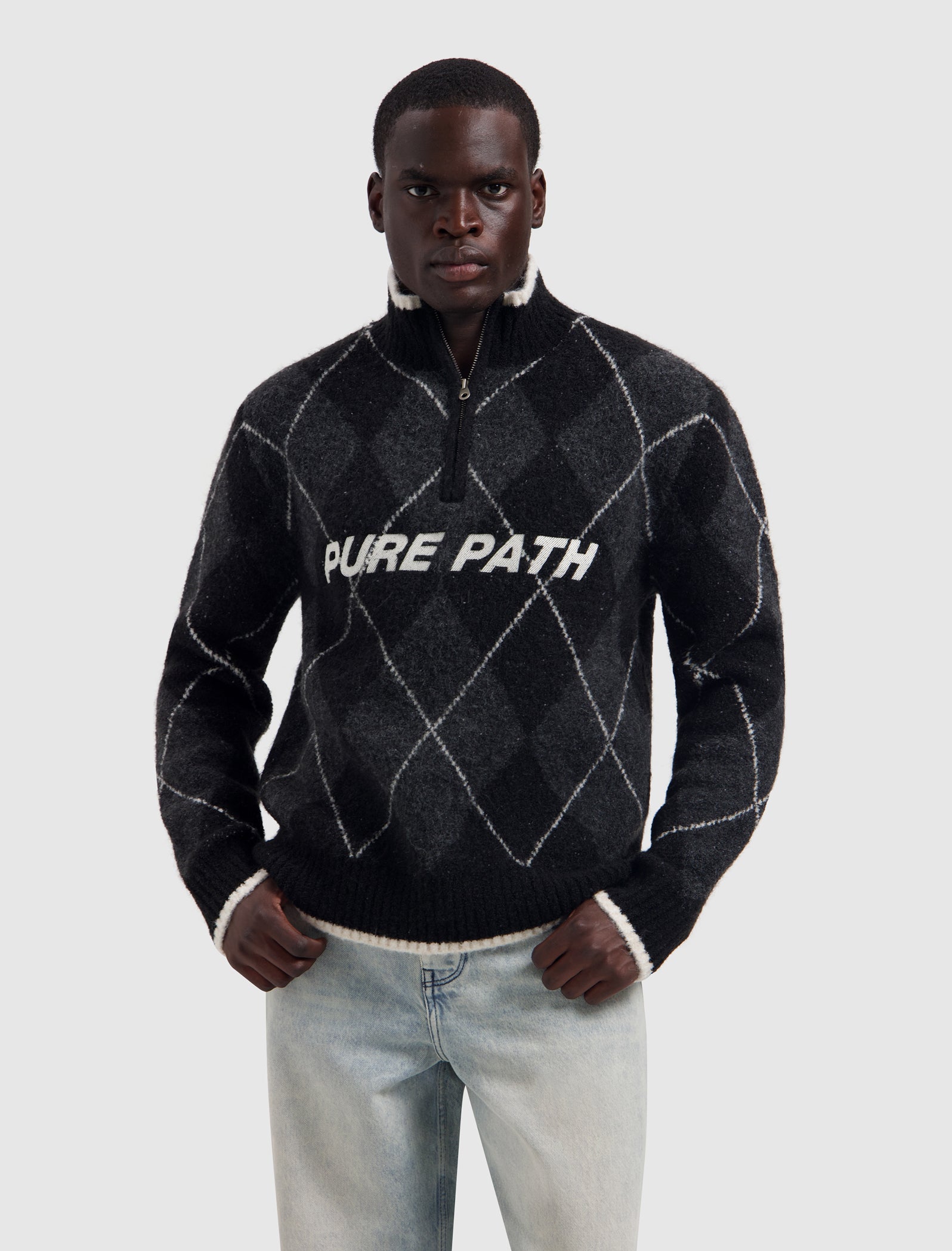 Argyle Half-zip Knit Sweater | Black