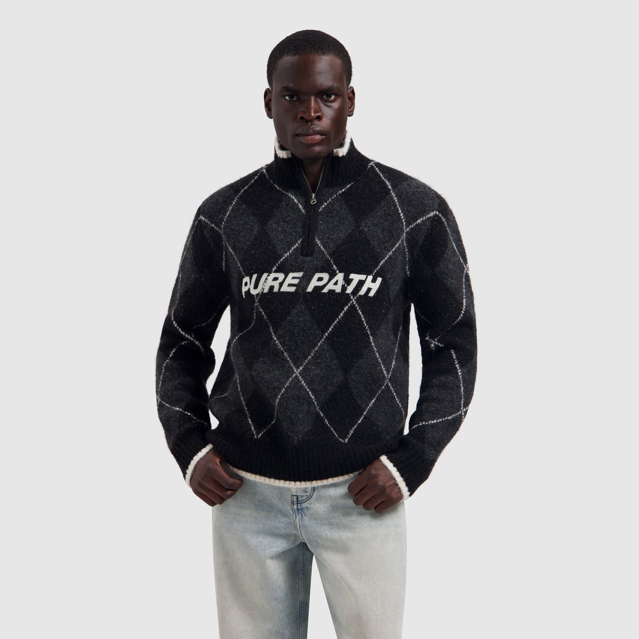 Argyle Half-zip Knit Sweater | Black