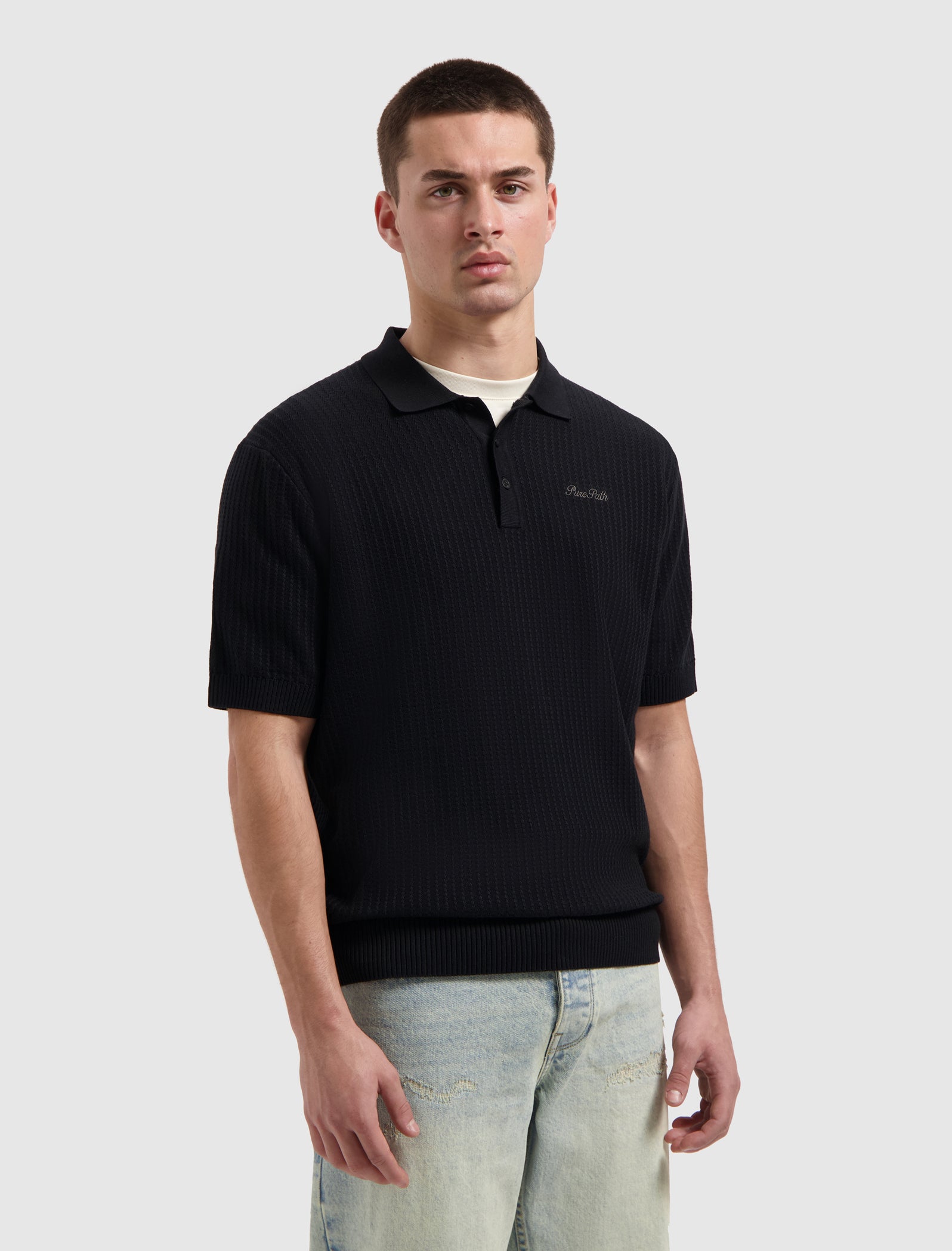 Ladder Stitch Knit Polo | Black