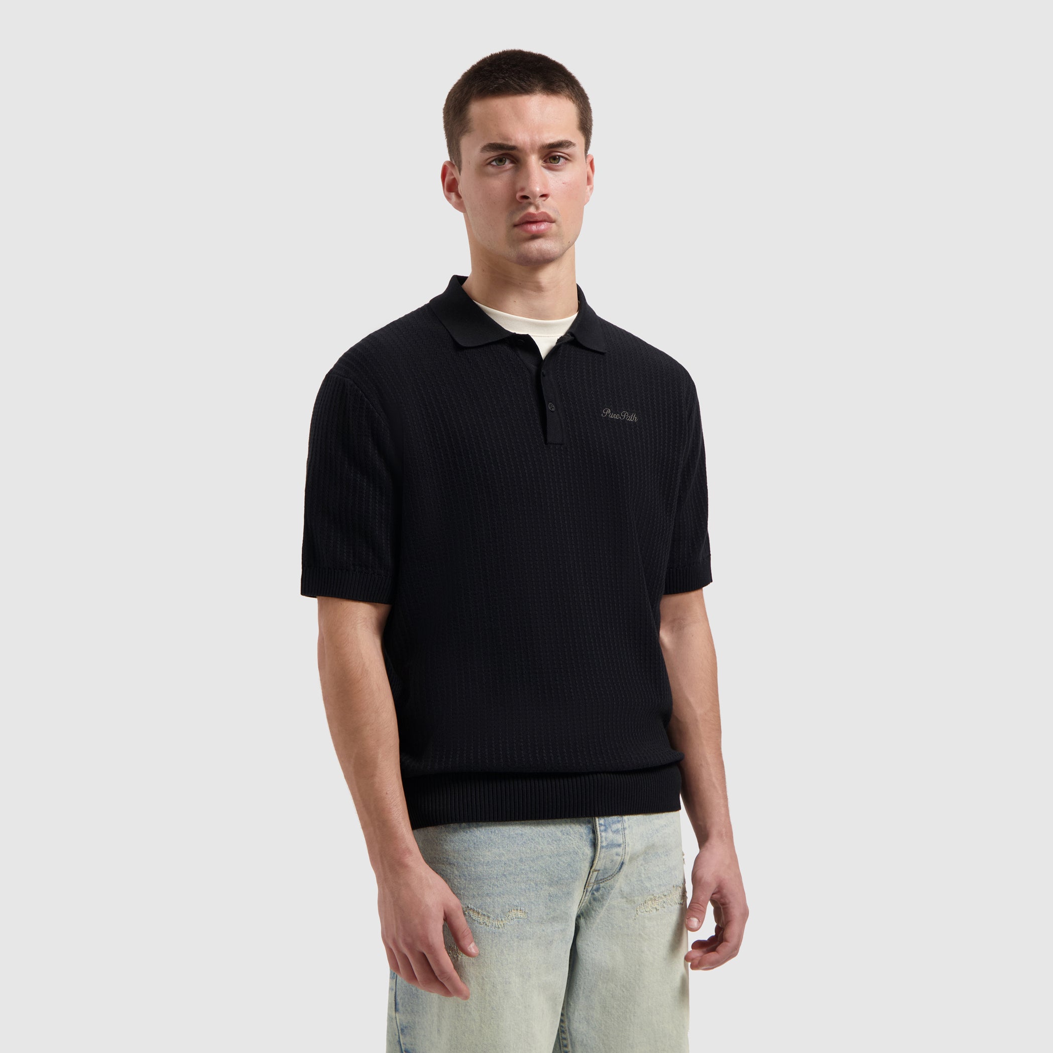 Ladder Stitch Knit Polo | Black