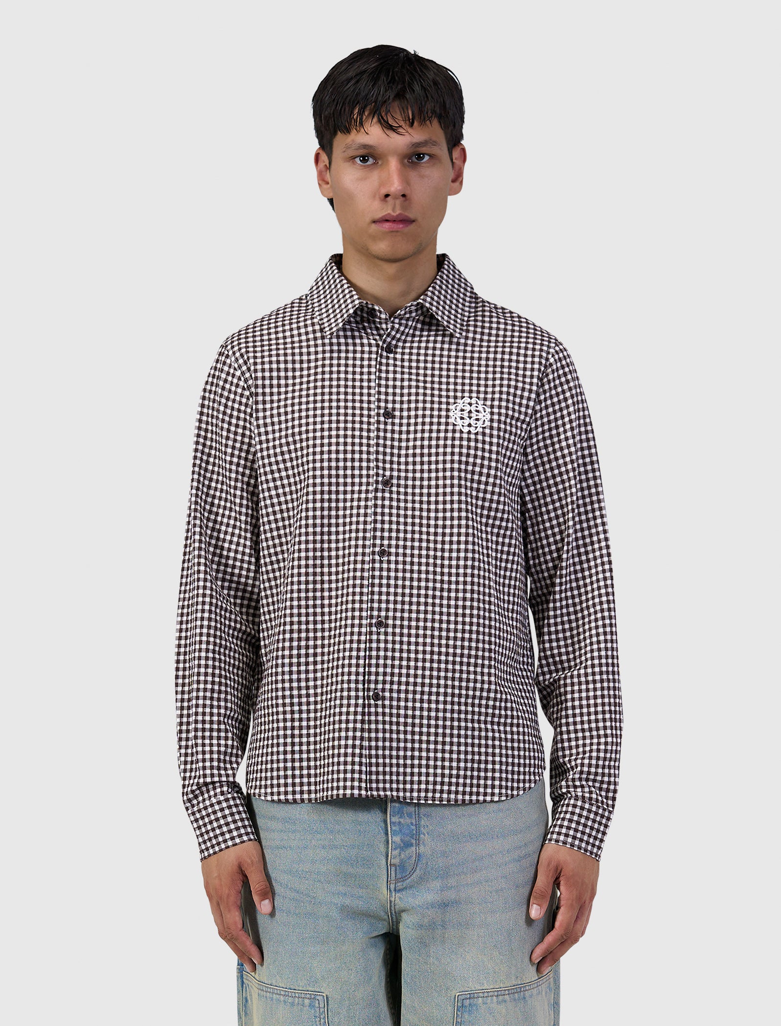 Checked Seersucker Emblem Shirt | Dark Brown