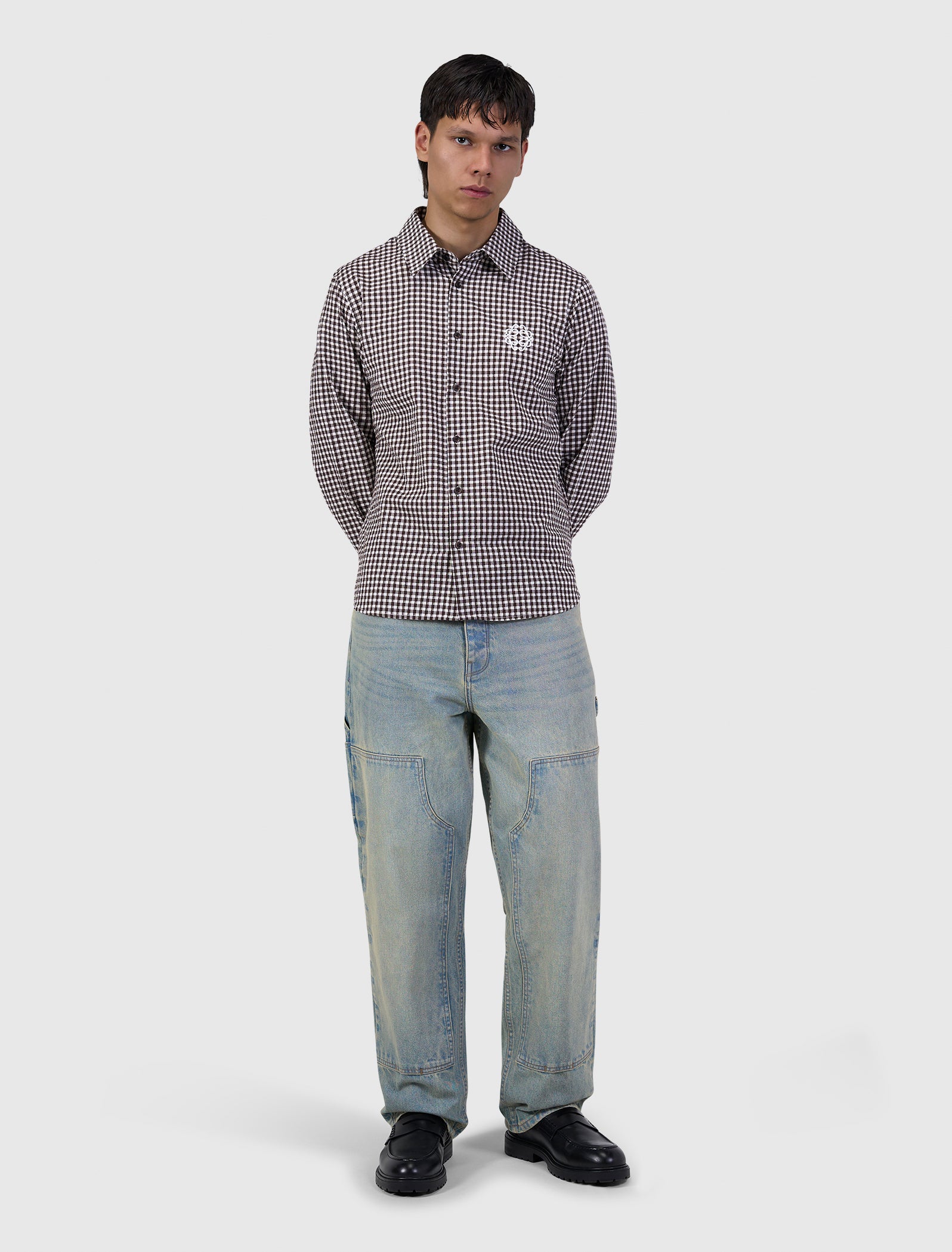 Checked Seersucker Emblem Shirt | Dark Brown