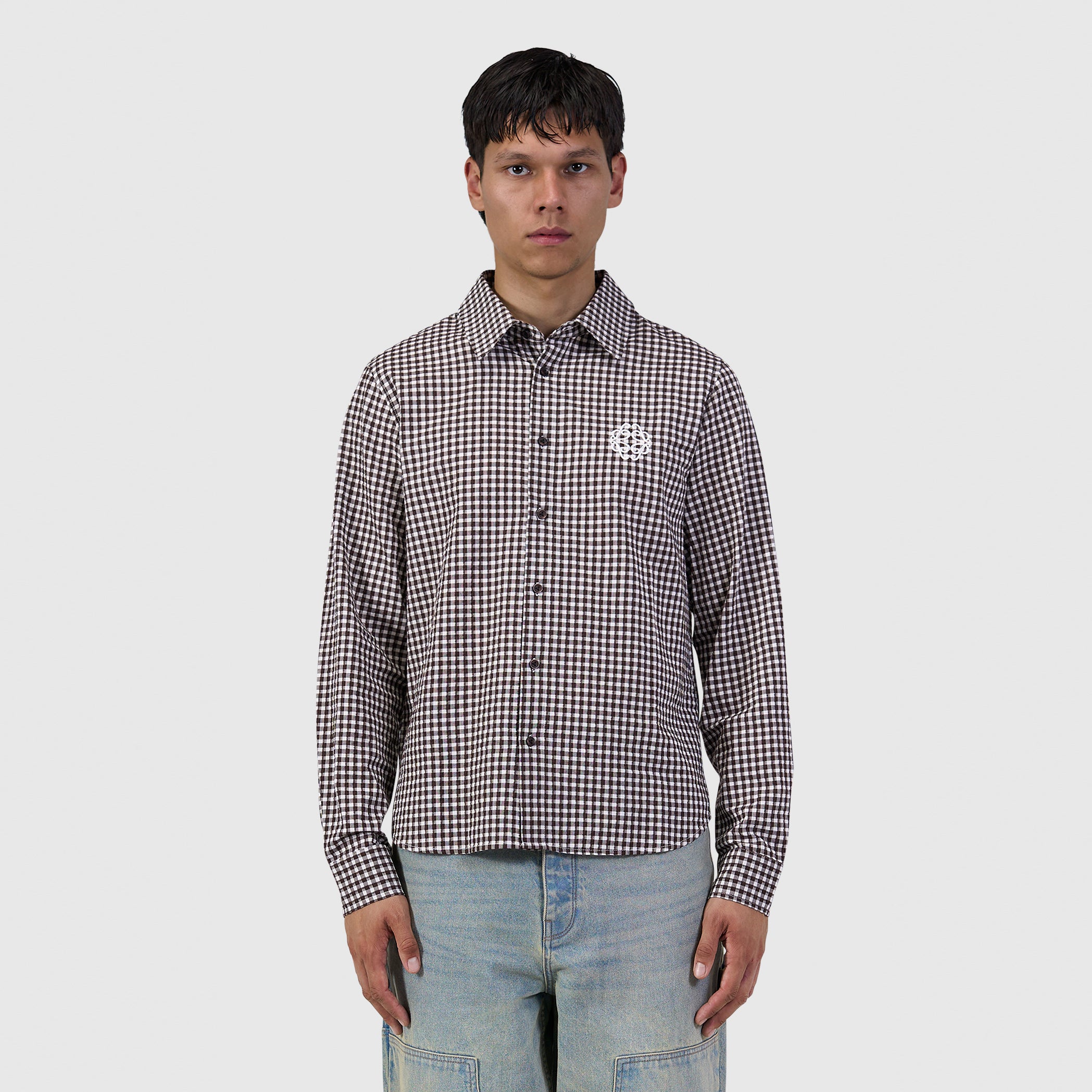 Checked Seersucker Emblem Shirt | Dark Brown